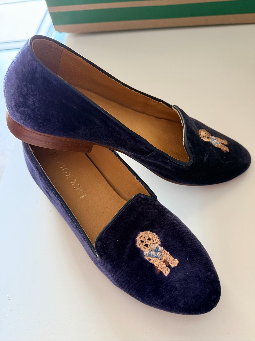 Jack Rogers Navy Velvet Loafers with Embroidered Puppy